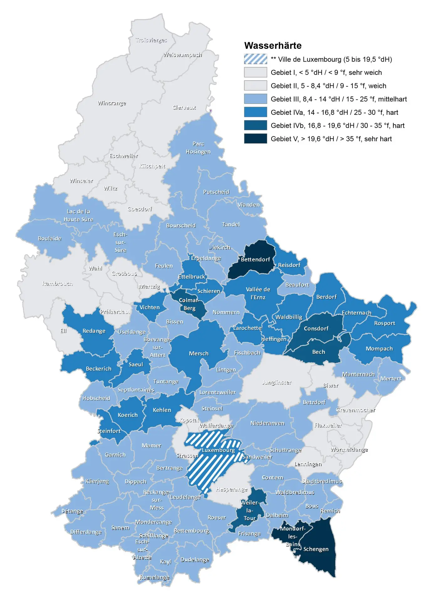Carte dureté de l'eau Luxembourg